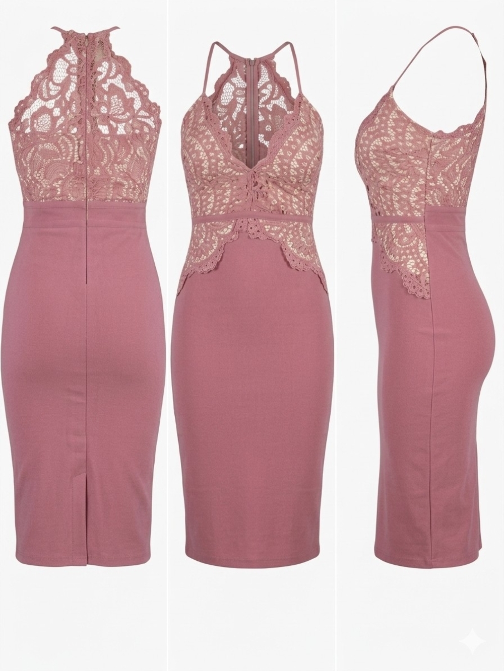 Luxxel Lace-Top Halter Midi Dress in Dusty Rose